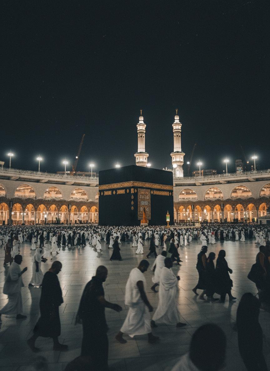 Aerial view of Masjid al-Haram in Makkah showing the Kaaba and pilgrims performing Tawaf during Umrah