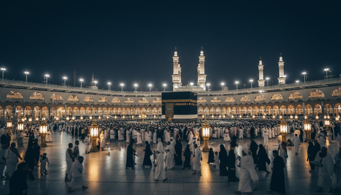 The Kaaba at Masjid al-Haram, Makkah, surrounded by pilgrims during Umrah