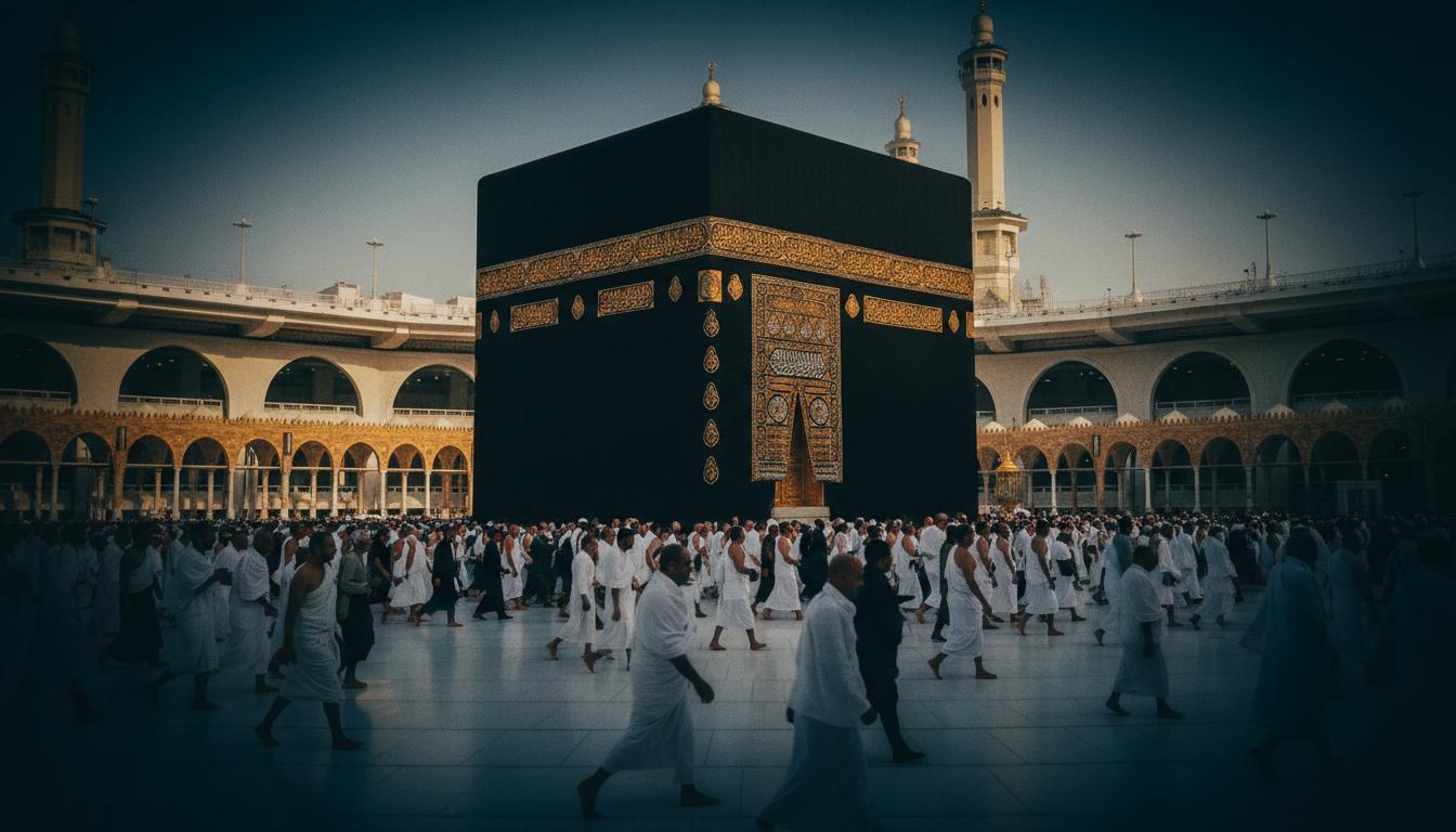 Pilgrims in white Ihram garments performing Tawaf around the Kaaba at Masjid al-Haram, Makkah